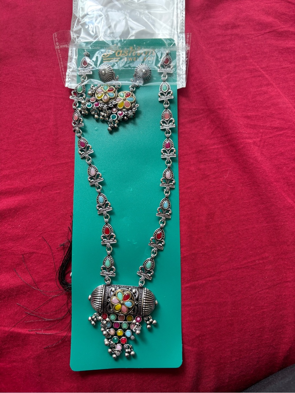 Long Oxidized Silver Multicolor Necklace Earrings Set